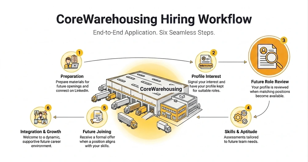 CoreWarehousing hiring workflow — six-step journey from application to onboarding