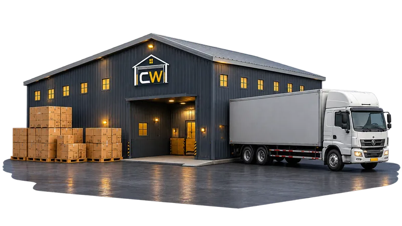 Warehouse exterior at dusk
